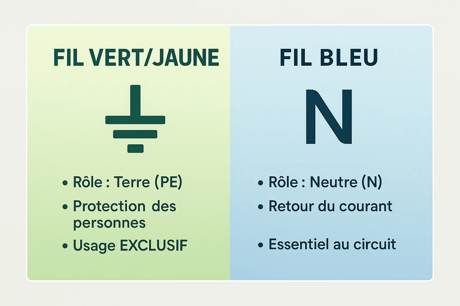 Schéma des couleurs des fils électriques (vert/jaune et bleu)