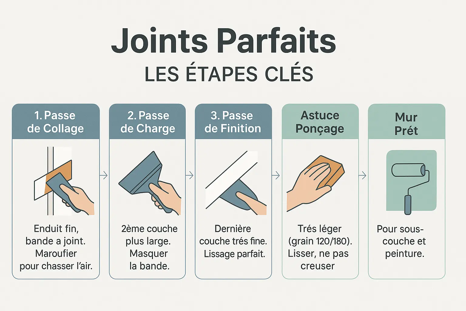 Illustration des étapes de jointoiement du placo plâtre