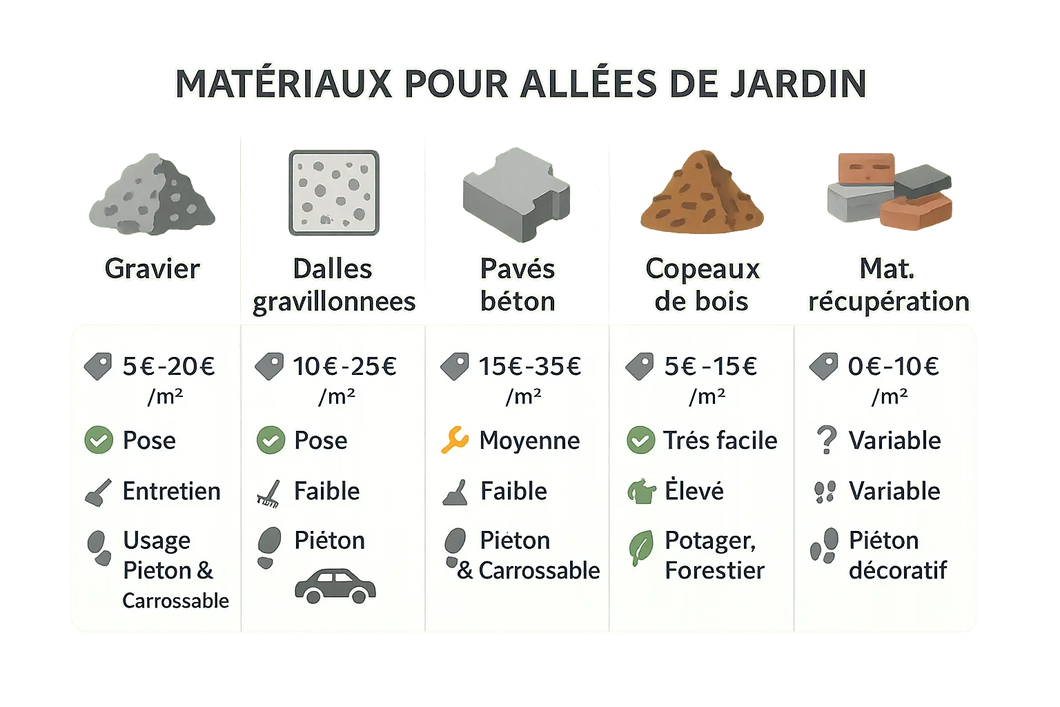 Comparaison visuelle des matériaux pour allée de jardin