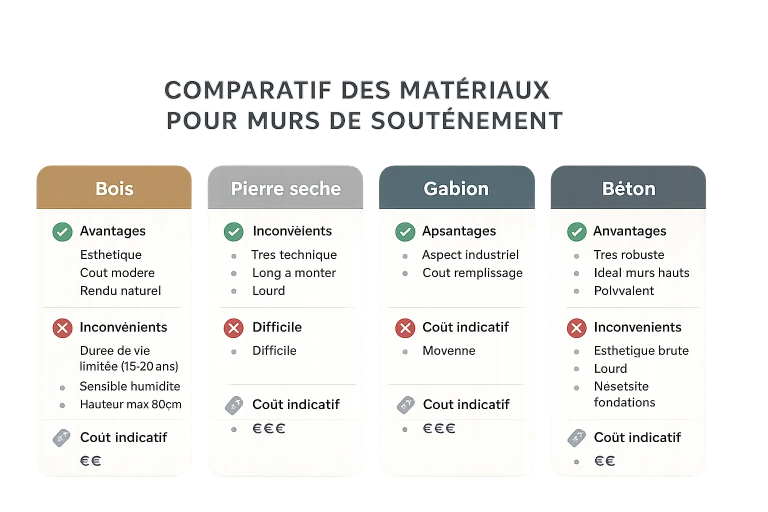Comparatif visuel des matériaux de murs de soutènement