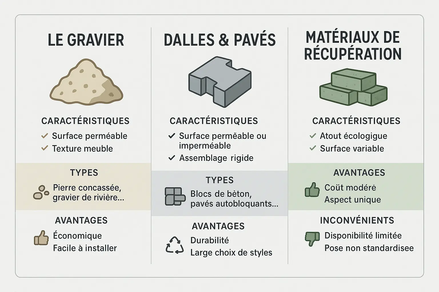 Comparaison visuelle des matériaux pour allée de jardin : gravier, dalles et éléments de récupération