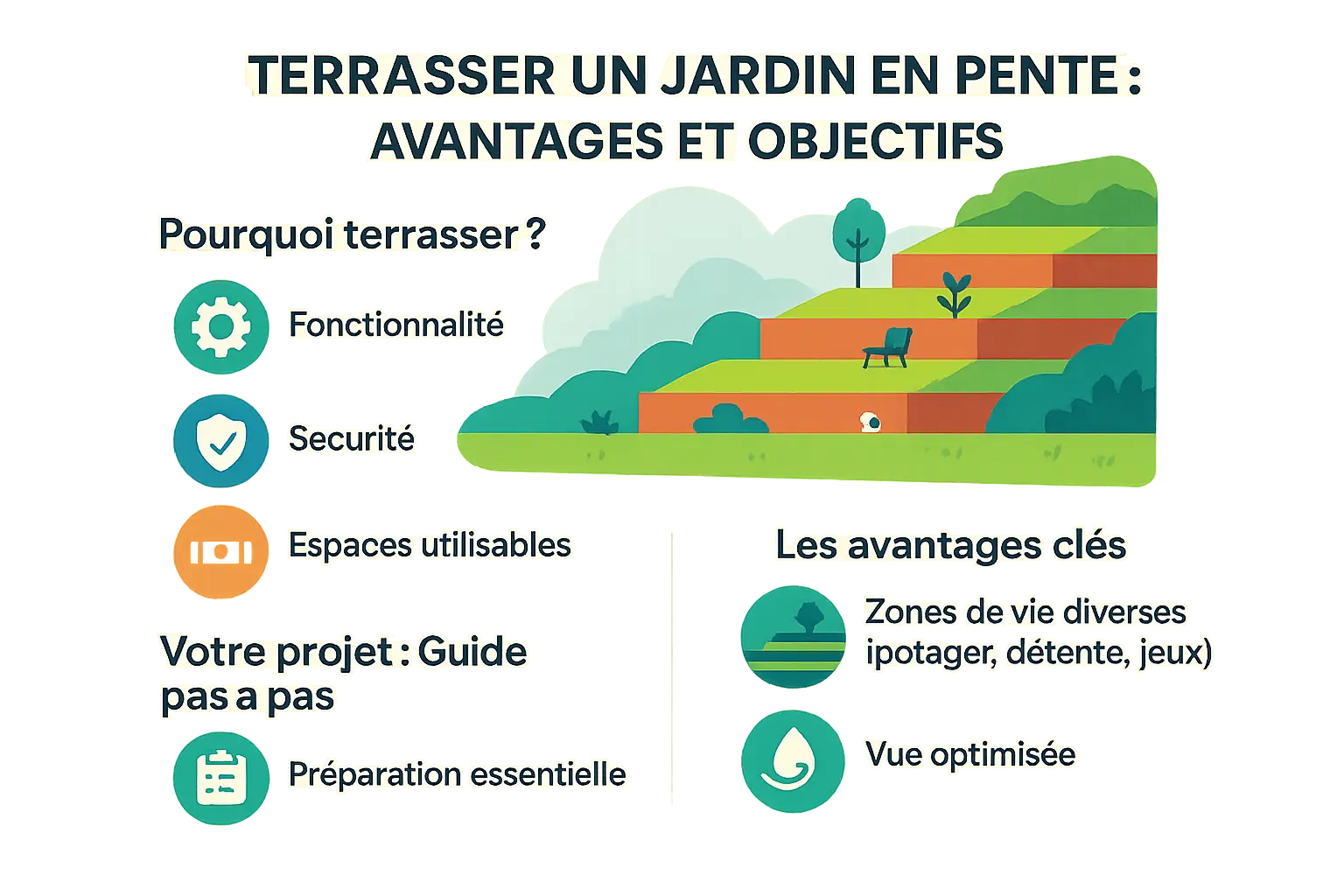 <strong>Jardin en pente aménagé</strong> avec des murs de soutènement en pierre »></p>
<p>Je me souviens d’un chantier à Annecy, un jardin qui plongeait à 45° vers le lac. Le propriétaire voulait juste poser une chaise longue… On a transformé cette pente abrupte en trois niveaux accessibles. Le secret ? Un mur de soutènement en pierre locale, solide et esthétique. C’est typique : un jardin en pente, bien aménagé, <strong>devient un atout, pas une contrainte</strong>.</p>
<p>Le terrassement d’un jardin en pente ne se limite pas à redresser le terrain. C’est une solution technique qui <strong>stabilise le sol, évite les glissements et crée des zones planes exploitables</strong>. En pente douce ou forte, les paliers permettent d’installer un potager, un coin salon ou même une piscine. Sans ces aménagements, l’eau ruisselle, la terre se désagrège, et cultiver devient un casse-tête.</p>
<p>Concrètement, ce guide vous accompagne étape par étape : choix des matériaux (bois, béton, pierre), construction des murs de soutènement, gestion des eaux pluviales. Vous apprendrez à sécuriser les accès avec des escaliers ou des chemins en lacet, à intégrer des végétaux stabilisateurs. Comme sur mes chantiers, l’objectif est clair : <strong>bien faire du premier coup, pour éviter les réparations coûteuses</strong>.</p>
<h2 id=