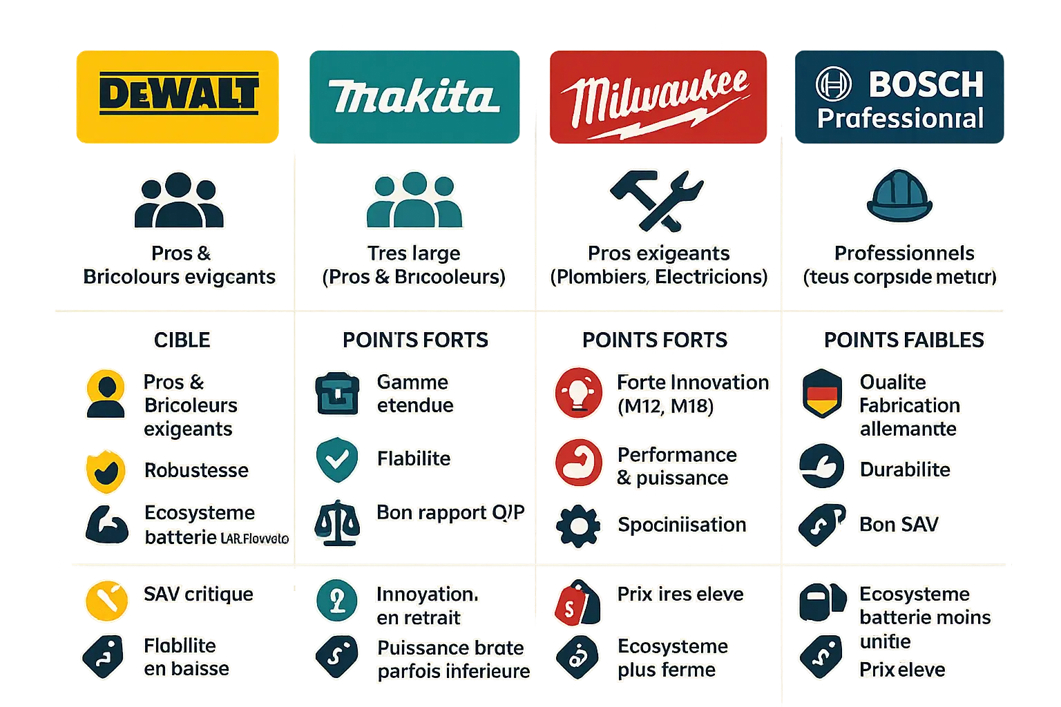 Comparatif Dewalt, Makita, Milwaukee et Bosch Professional