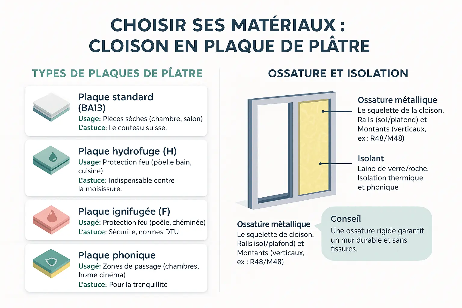 Illustration des <strong>différents types de plaques de plâtre</strong>