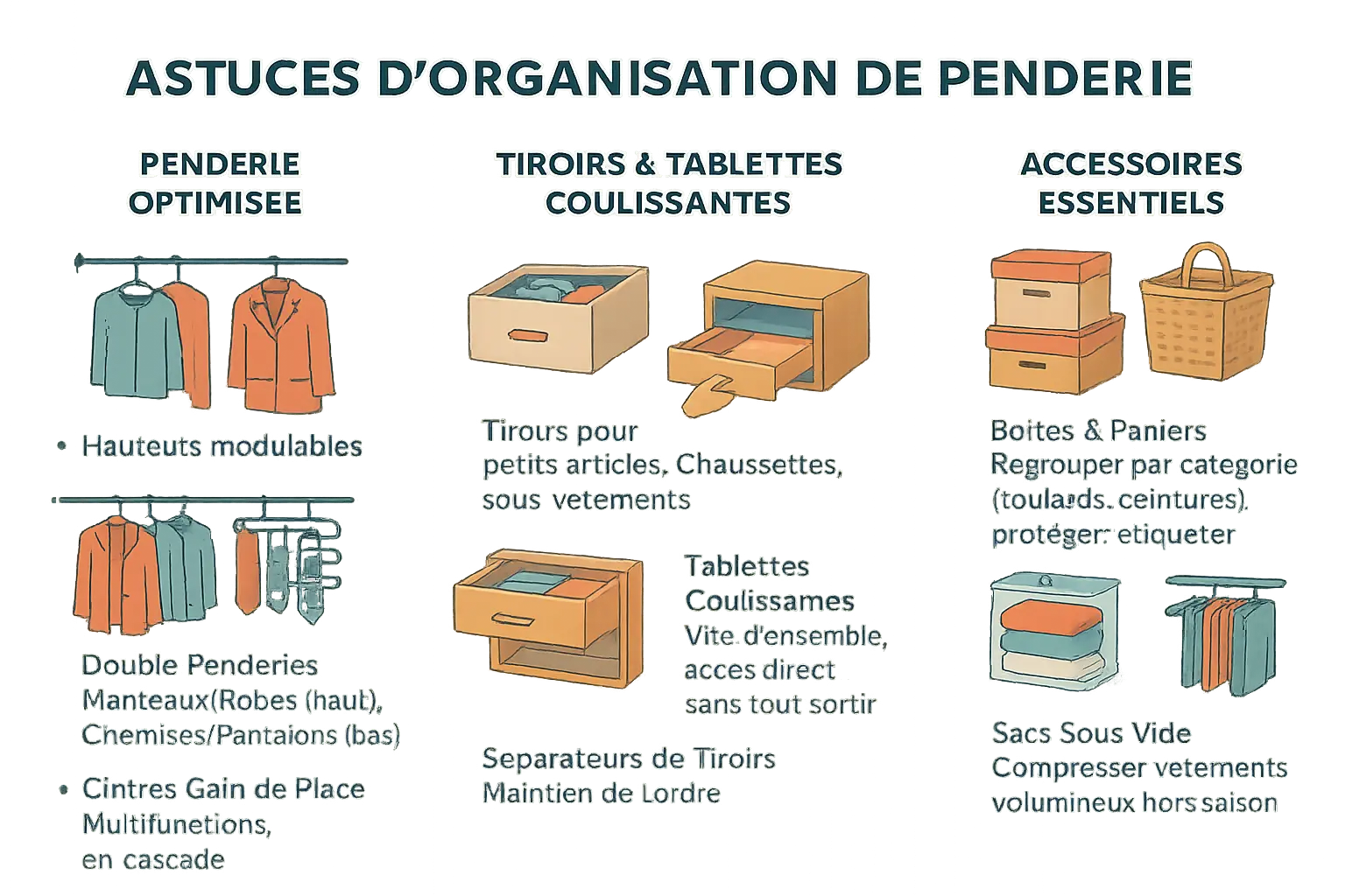 <strong>Astuces d&rsquo;organisation de penderie</strong> » /></a>illustration, vous verrez ces outils en action. Avec ces astuces, même un petit placard devient fonctionnel. Anticipez vos habitudes : privilégiez rangements verticaux pour pantalons, libérez hauteur pour robes longues. Une lampe LED intégrée suffit pour retrouver un accessoire au fond. Le placard parfait collabore avec votre quotidien !</p>
<h2>Le défi des placards profonds et des espaces perdus</h2>
<p>J’ai souvent constaté sur mes chantiers que les placards profonds devenaient des « cimetières d’affaires oubliées ». Un système coulissant change tout : j’ai installé des paniers-tiroirs dans un dressing. La cliente gagnait 40 % de temps pour retrouver ses vêtements. C’est un petit investissement pour un <strong>gain de confort immédiat</strong>. Sur un autre chantier, une double tringle perpendiculaire dans un placard étroit doublait la capacité sans encombrer la profondeur.</p>
<p>Voici des <strong>solutions concrètes pour exploiter ces espaces</strong> :</p>
<ul>
<li><strong>Installer des tiroirs sur toute la profondeur</strong> : la solution la plus ergonomique. Des glissières robustes assurent solidité et fluidité. On peut superposer deux niveaux de tiroirs pour doubler la capacité.</li>
<li><strong>Utiliser des boîtes sur roulettes au sol</strong> : facile à sortir pour accéder au fond. Sur une rénovation, j’ai conçu des caissons en médium de 18 mm, léger et facile à travailler—idéal pour les valises ou affaires de ski.</li>
<li><strong>Créer deux zones distinctes</strong> : une pour les affaires de saison devant, une pour le stockage derrière. J’ajoute des housses en tissu non-tissé pour les vêtements hors saison, pour protéger et faciliter le tri.</li>
<li><strong>Poser une tringle coulissante perpendiculaire au fond du placard</strong> : idéal pour les penderies étroites. En fixant un rail supérieur et inférieur, on évite le balancement des cintres. J’ai intégré ce système dans un espace étroit, parfait pour un rangement vertical.</li>
</ul>
<p>Les espaces entre les murs et étagères sont sous-utilisés. J’ai transformé un interstice de 10 cm en rangements verticaux montés sur des tasseaux—parfait pour les chaussures ou boîtes à bijoux. Même les angles exigus peuvent accueillir des roulettes étroites, discrètes mais efficaces. Pour un client coincé par des outils de bricolage, des étagères inclinées vissées dans le placard ont <strong>libéré 20 % d’espace</strong>, facilitant l’accès aux outils courants.</p>
<h2 id=