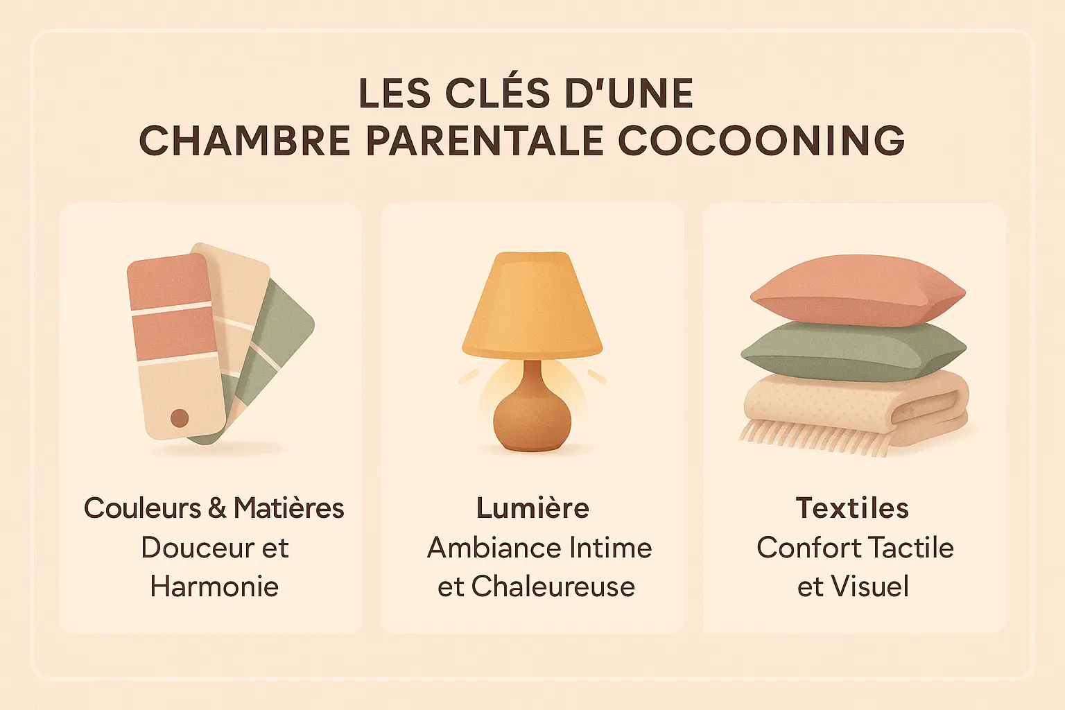 Chambre parentale cocooning avec des éléments naturels et éclairage doux
