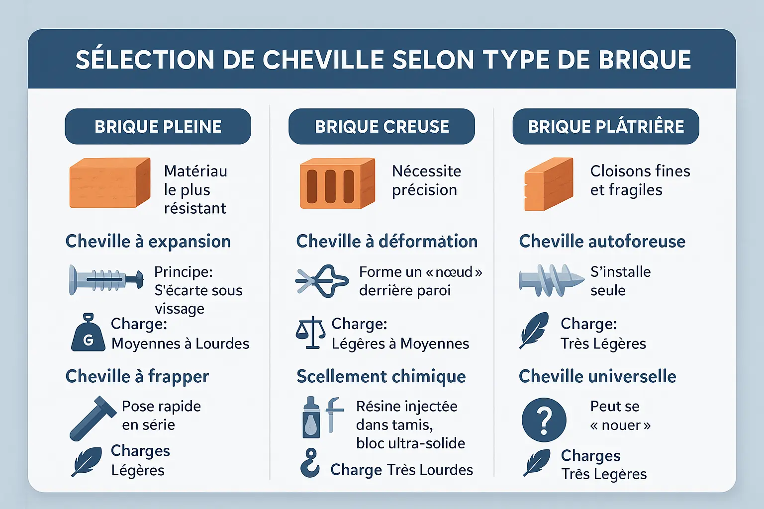 Illustration des différents types de chevilles adaptées aux différents types de briques