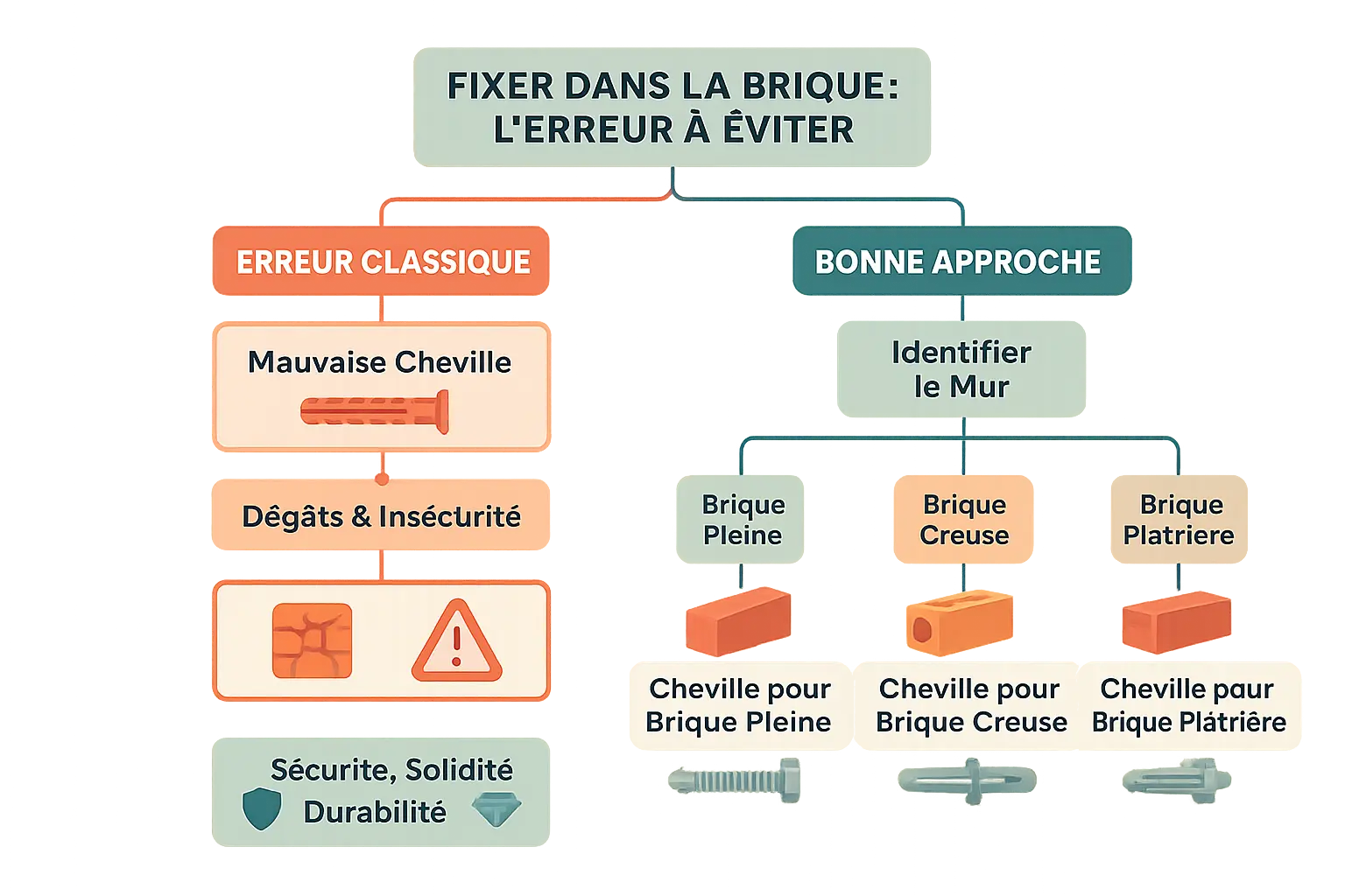 Illustration de <strong>fixation dans la brique</strong>« ></p>
<p>Je me souviens d’un chantier chez un client qui voulait économiser en fixant lui-même une bibliothèque dans sa cloison en brique creuse. Résultat : <strong>des trous béants, des livres à terre et une réparation coûteuse</strong>. L’homme avait utilisé des chevilles universelles sans vérifier le type de brique ni la charge supportée. Une erreur classique, mais qui coûte cher – à plus d’un titre.</p>
<p>Choisir une cheville n’est jamais anodin, surtout en brique. Saviez-vous que la même cheville peut tenir 50kg dans une brique pleine et se déchausser avec 10kg dans une brique creuse ? <strong>Le risque de fissuration, de dégradation du mur ou de chute</strong> d’objet est réel. Or, les briques creuses restent courantes dans les constructions anciennes et les cloisons intérieures modernes.</p>
<p>Cet article vous guide pas à pas pour éviter ces pièges. D’abord, nous verrons comment identifier votre type de brique à coup sûr. Ensuite, je détaillerai les chevilles adaptées à chaque charge : légères, moyennes ou lourdes. Enfin, je vous expliquerai la bonne technique de perçage et de pose, celle qui garantit <strong>une fixation solide et durable</strong>. Suivez ces conseils, et vous éviterez des réparations inutiles… et des nuits blanches à surveiller un miroir tremblant.</p>
<h2 id=