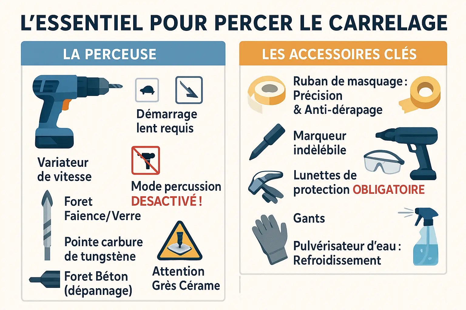 Illustration des <strong>outils nécessaires pour percer du carrelage</strong> : perceuse, forets adaptés, ruban adhésif et équipement de protection » /></p>
<p>Sur mes chantiers, j’insistais toujours : un bon outil, c’est déjà la moitié du travail réussi. Percer du carrelage sans le fissurer exige un équipement adapté. Je vous guide pour <strong>choisir vos alliés</strong>.</p>
<h3 id=
