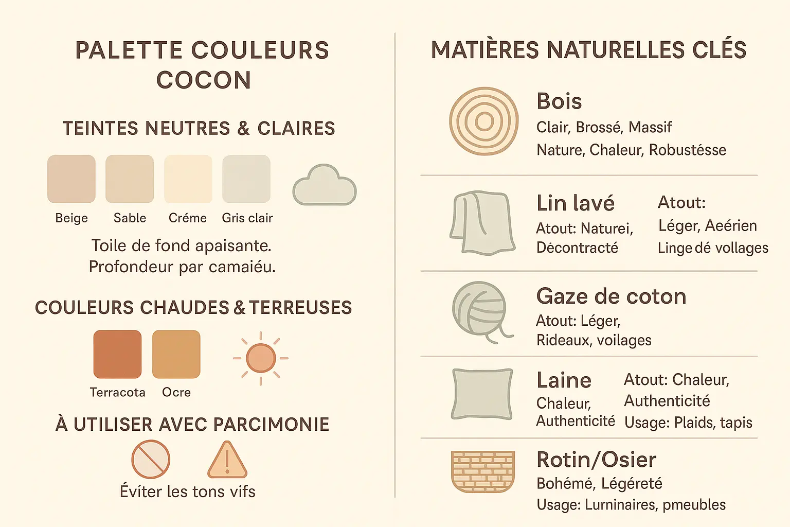 Palette de couleurs et matières naturelles pour une chambre cocooning