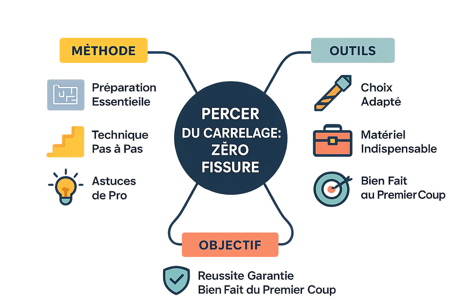 Illustration d'une <strong>perceuse en action sur un carrelage</strong> » /></p>
<p>Je me souviens d’un chantier où un client, fier de son neuvième carreau de crédence en grès cérame, a voulu installer un porte-serviette. Un coup de perceuse mal ajusté, un craquement sec, et voilà un carreau fissuré, remplacé à 80€ pièce. Désolant, surtout quand on sait qu’un foret adapté coûte 15€ et évite ce genre de déconvenue. La tête du client en voyant la fissure ? Inoubliable… Heureusement, avec les bonnes étapes, <strong>ce genre de mésaventure reste évitable</strong>.</p>
<p>Percer du carrelage, c’est un peu la version moderne du parcours du combattant. Surface glissante, risque de fissures, dureté variable selon les matériaux… Le grès cérame, ultra-dense, résiste aux outils classiques, tandis que la faïence, plus poreuse, craint le moindre dérapage. Mais rassurez-vous : j’ai fait ce métier pendant 15 ans, et je vous livre ici <strong>les techniques qui m’ont sauvé plus d’un chantier</strong>. Pas besoin d’être un pro pour réussir – juste un peu de méthode et de patience.</p>
<p>Cet article décortique les 3 piliers d’un perçage réussi : choisir le bon foret (diamant pour grès cérame, carbure pour céramique), maîtriser la technique (vitesse lente, humidification, perçage en deux temps pour les carreaux épais), et préparer son matériel (adhésif anti-dérapant, support absorbant comme une planche de bois pour stabiliser le carreau). Suivez ces étapes, et vous direz adieu <strong>aux mauvaises surprises – et aux factures de remplacement inutiles</strong>.</p>
<h2 id=