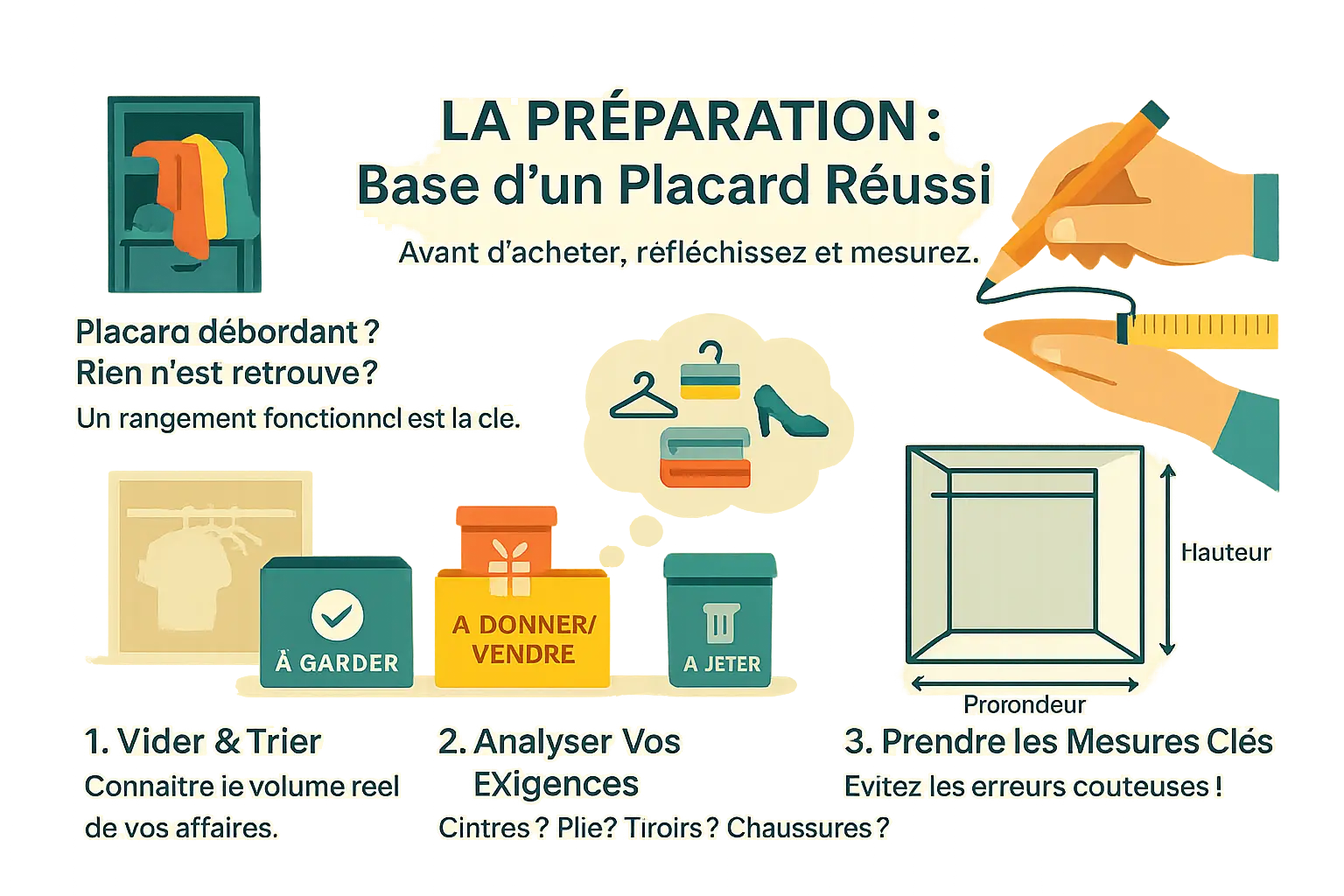Illustration de <strong>tri et préparation avant aménagement de placard</strong> » /></p>
<p>Sur mes chantiers, j’ai souvent vu des placards transformés en fourre-tout. Un jour, un client m’a appelé pour un désordre invraisemblable : « J’ai tout entassé en croyant que ça rentrerait ! ». Résultat ? Un casse-tête quotidien. La vérité, c’est que 80 % des problèmes de rangement se règlent avant même de poser un tiroir. Tout commence par <strong>une réflexion stratégique</strong>.</p>
<p>Le tri est la base. Videz tout le placard et créez trois piles : garder, donner/vendre, jeter. C’est brutal, mais nécessaire. J’ai vu des clients réaliser qu’ils n’avaient pas porté 70 % de leurs affaires depuis deux ans. Cette étape évite de reproduire le chaos dans un nouvel aménagement. D’ailleurs, un tri rigoureux <strong>libère souvent de l’espace</strong> sans qu’il soit nécessaire d’acheter du matériel.</p>
<p>Les mesures, c’est la garantie d’un travail bien fait. Un jour, un client a commandé des modules sur mesure… sans vérifier les dimensions. Rien ne s’encastrait, il a dû tout retoucher. Mesurez trois points en hauteur, largeur et profondeur. Notez la plus petite valeur pour les portes battantes, la plus grande pour les coulissantes. Un écart de 5 mm peut tout changer. La précision, c’est ce qui <strong>transforme un projet amateur en solution pro</strong>.</p>
<p><img loading=