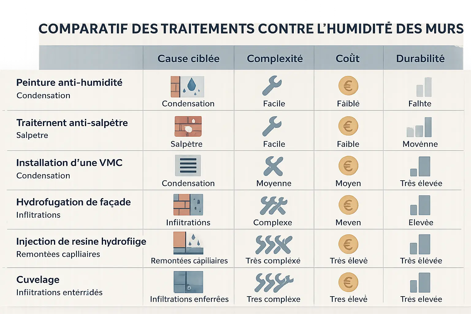 <strong>Comparatif des traitements contre l&rsquo;humidité des murs</strong>« ></p>
<p>Ce tableau le montre bien : on ne met pas un petit pansement sur une fracture ouverte. J’ai vu trop de propriétaires appliquer une peinture anti-humidité sur un mur touché par des remontées capillaires. C’est comme essayer de boucher une fuite avec du scotch. Le problème revient toujours, en pire. Chaque mur humide a sa solution spécifique, et c’est en diagnostiquant bien la cause <strong>qu’on évite de perdre temps et argent</strong>.</p>
<p>Prenez l’injection de résine hydrofuge pour les remontées capillaires : c’est une solution radicale mais coûteuse, réservée aux pros. J’ai vu des propriétaires négliger ce point. Conséquence ? <strong>L’humidité s’attaque à la structure même du mur</strong> sans qu’on s’en aperçoive. C’est comme ça que des murs s’effritent sans prévenir.</p>
<h2 id=