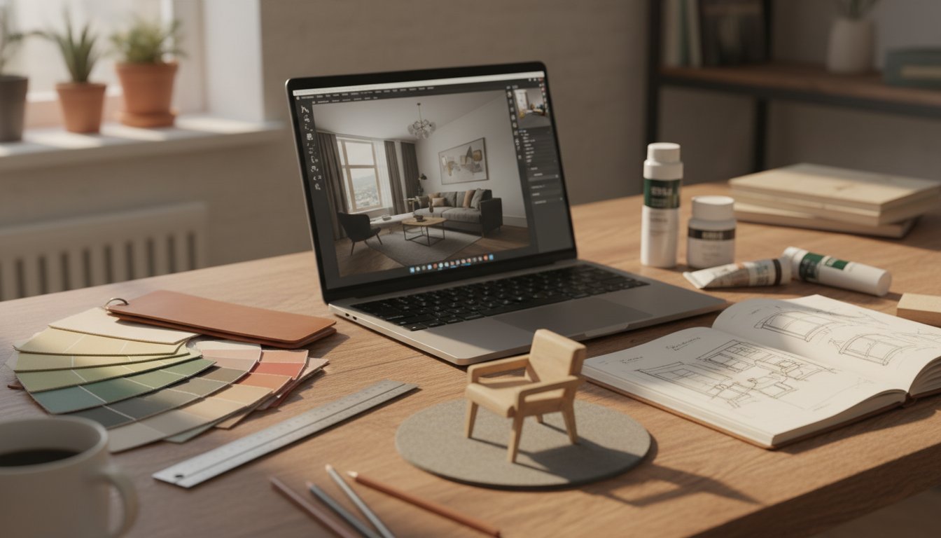 Decoration interieur etude - bureau d'étudiant avec logiciel 3D et échantillons