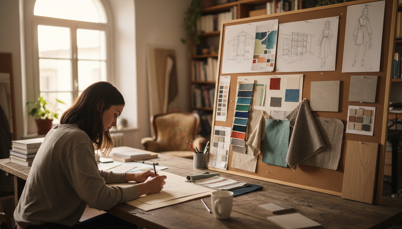 Decoration interieur etude - étudiante travaillant sur une planche tendance