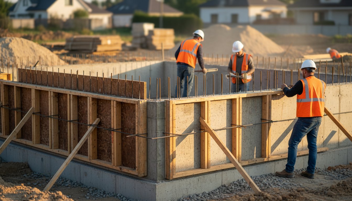 Définition gros œuvre - chantier de construction avec fondations en béton armé