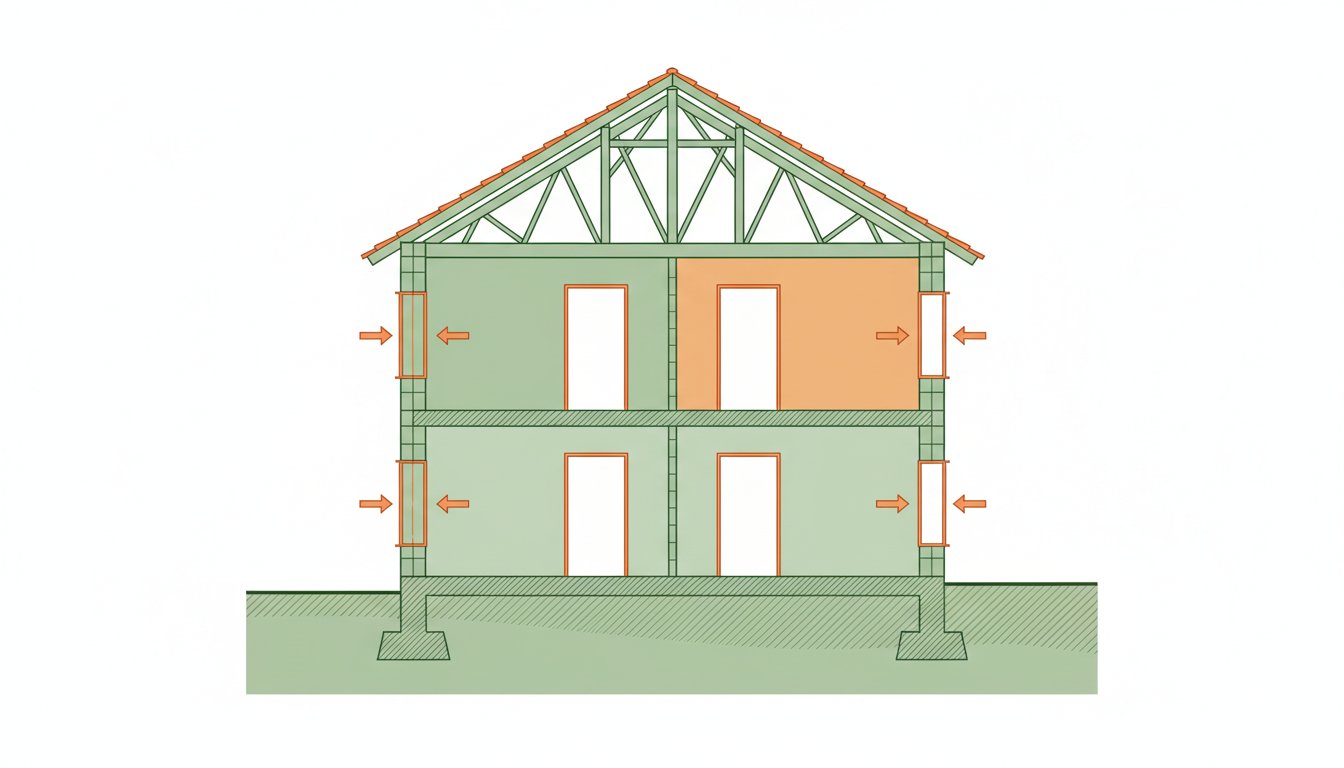 Définition gros œuvre - coupe d'une maison montrant fondations murs porteurs planchers et charpente