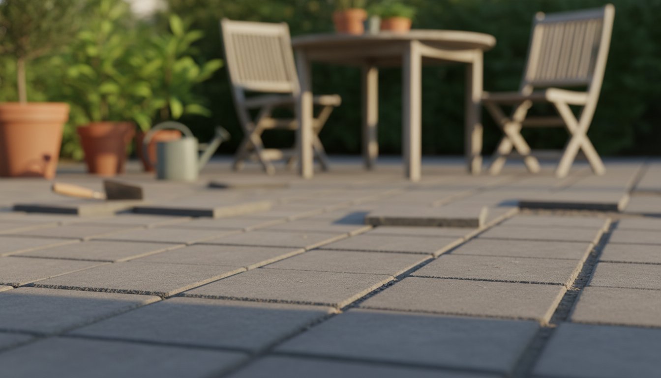 Dalle béton 40x40 - terrasse paysagée avec dalles béton gris posées en pattern régulier