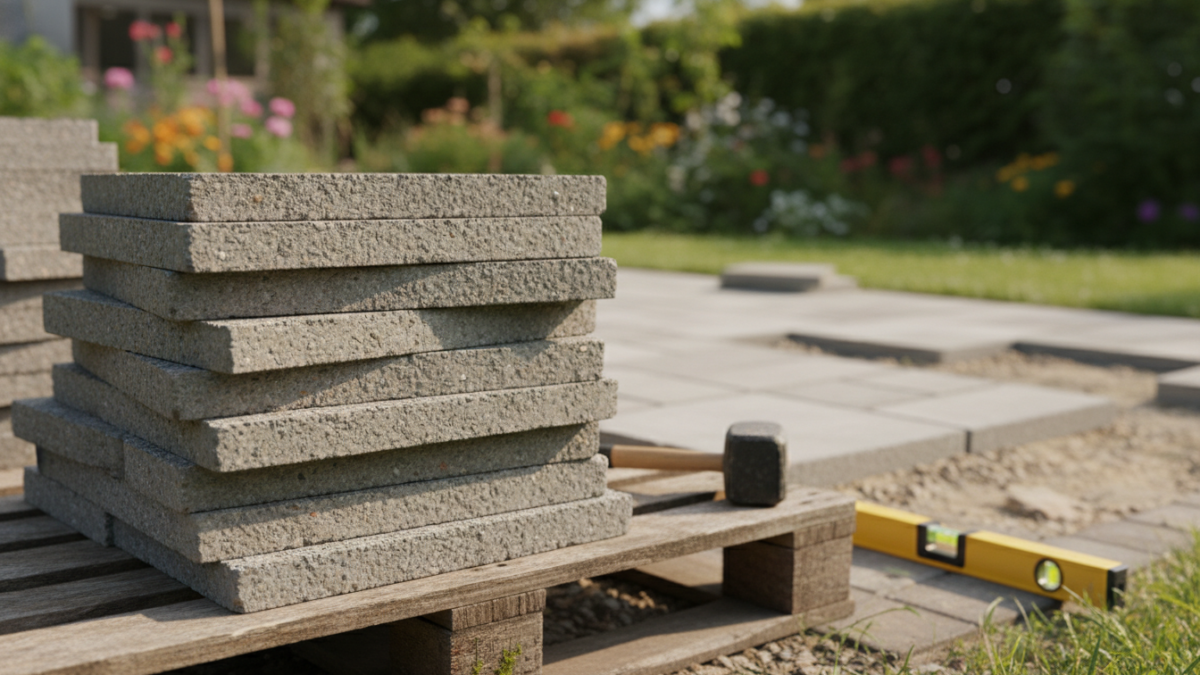 Dalle béton 50x50 pas cher - dalles béton empilées sur palette dans un jardin