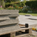 Dalle béton 50x50 pas cher - dalles béton empilées sur palette dans un jardin