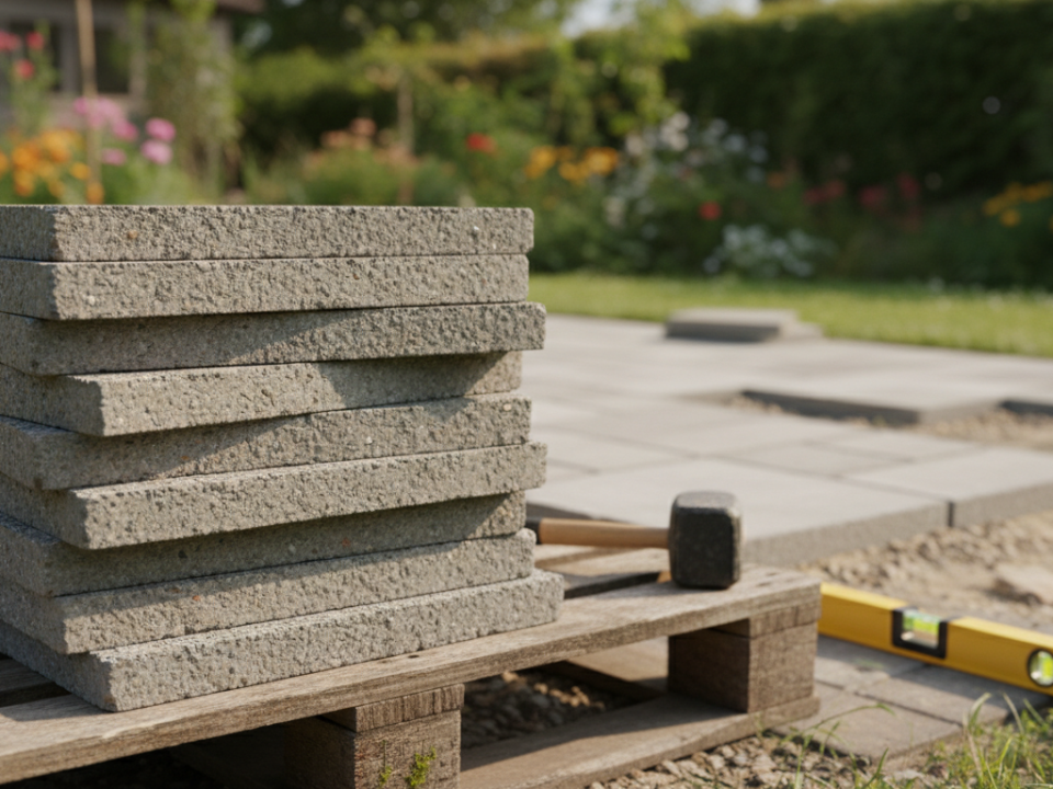 Dalle béton 50x50 pas cher - dalles béton empilées sur palette dans un jardin