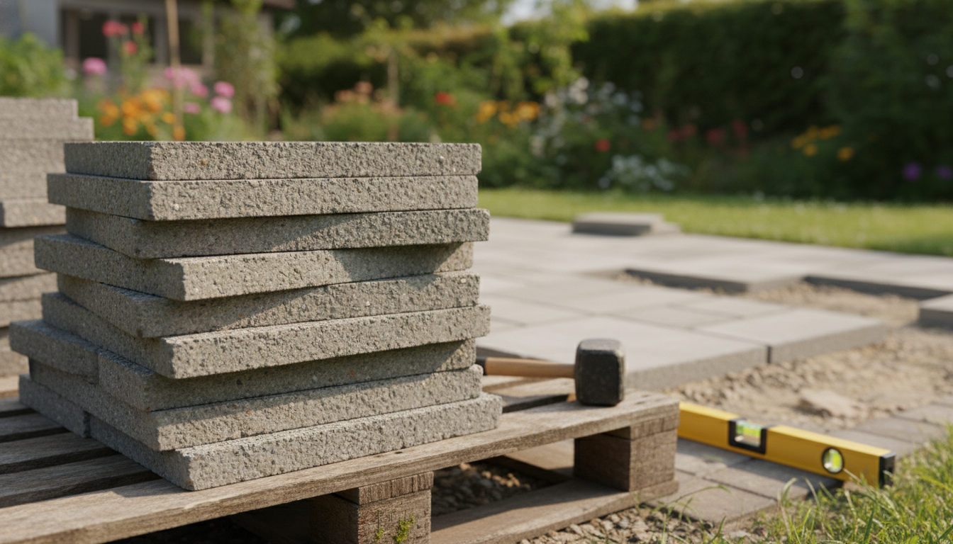 Dalle béton 50x50 pas cher - dalles béton empilées sur palette dans un jardin