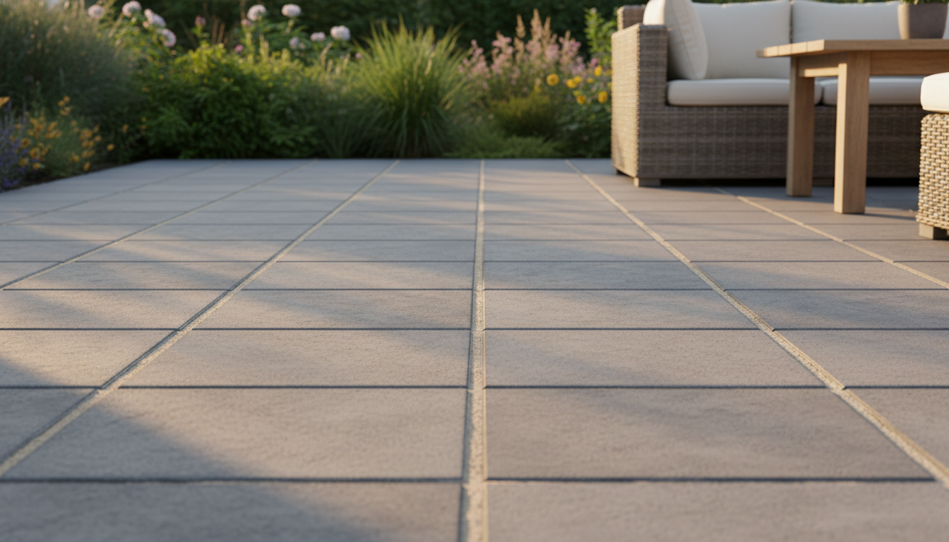 Dalle béton 50x50 pas cher - terrasse finie avec dalles béton et mobilier de jardin