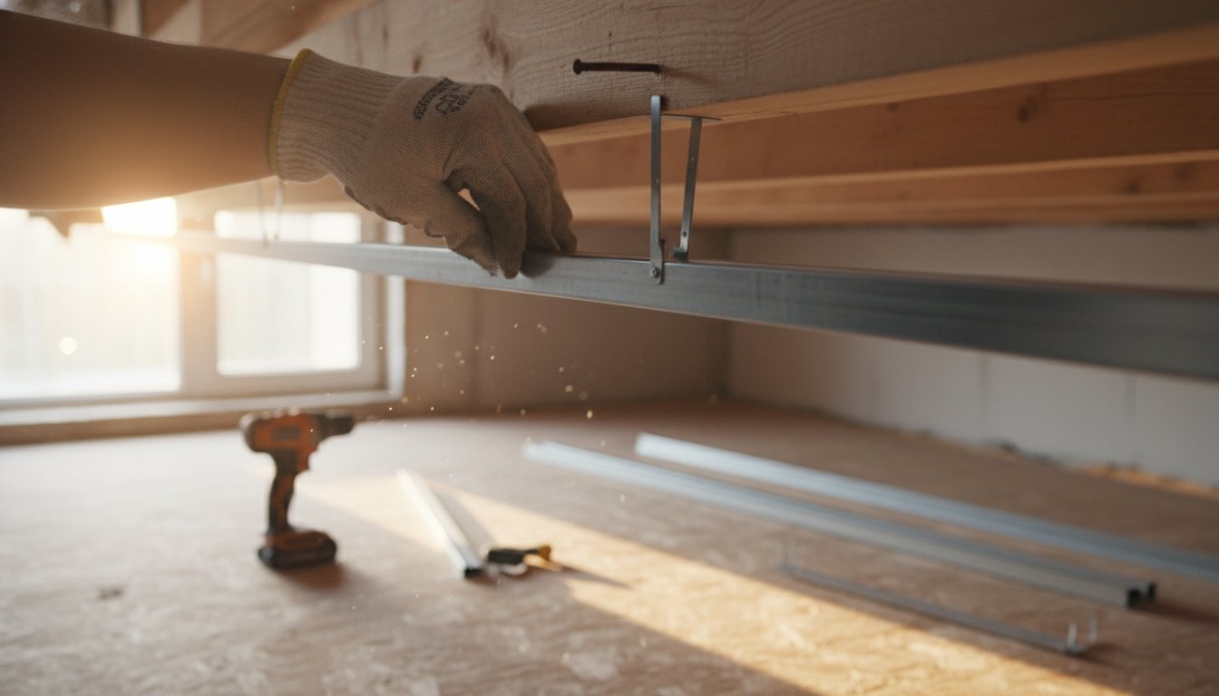 Fourrure placo - mains clipsant une fourrure métallique sur une suspente de plafond