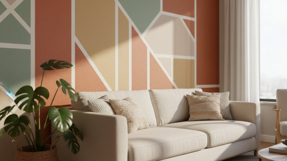 Idée motif peinture mur - salon avec motifs géométriques tendance