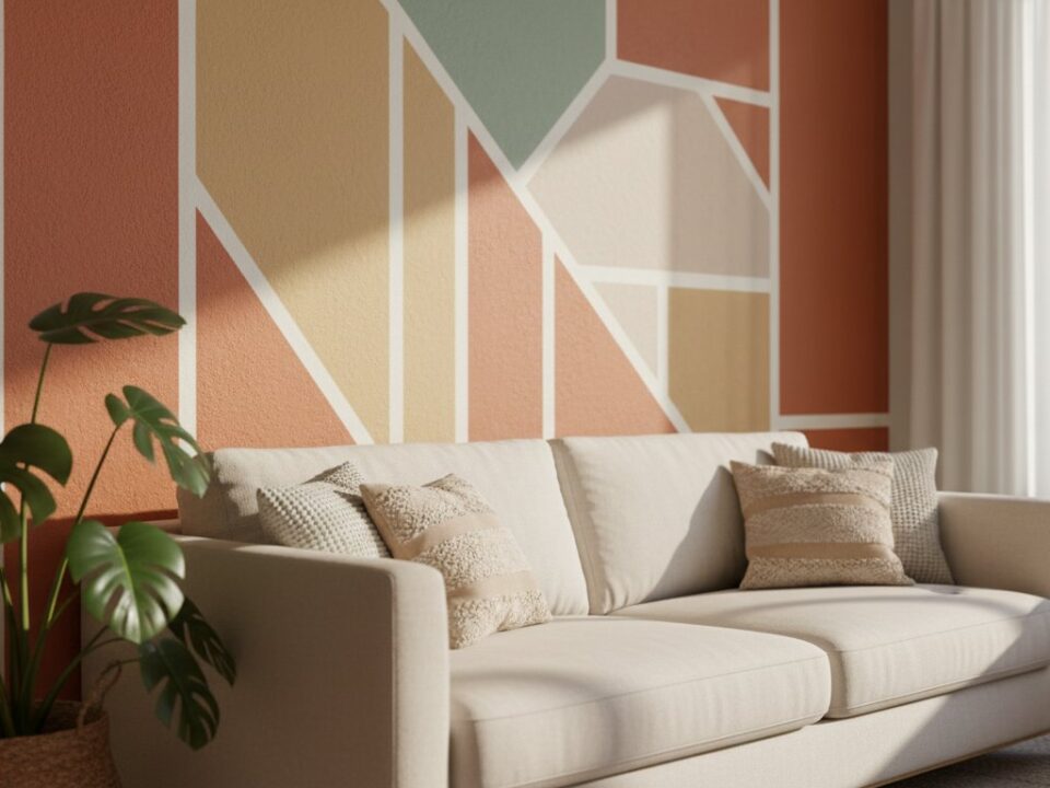 Idée motif peinture mur - salon avec motifs géométriques tendance