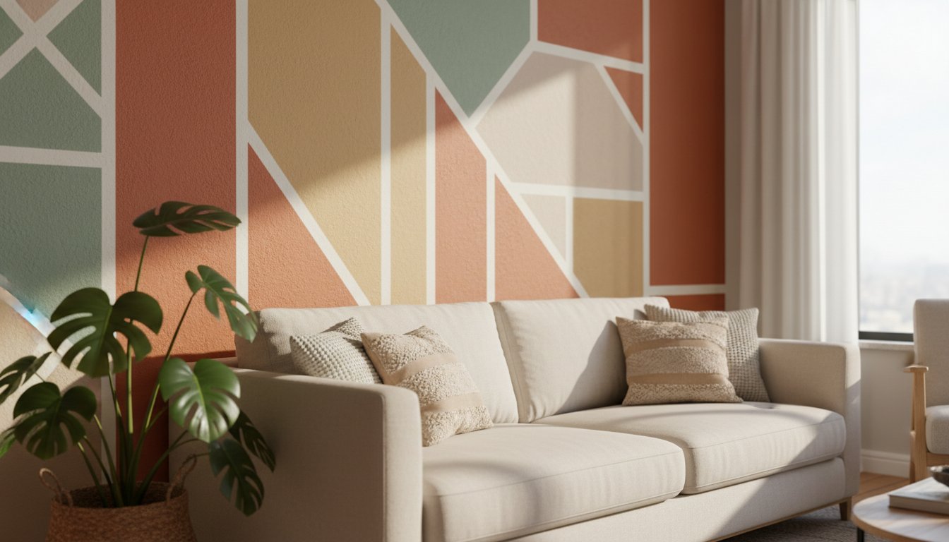 Idée motif peinture mur - salon avec motifs géométriques tendance