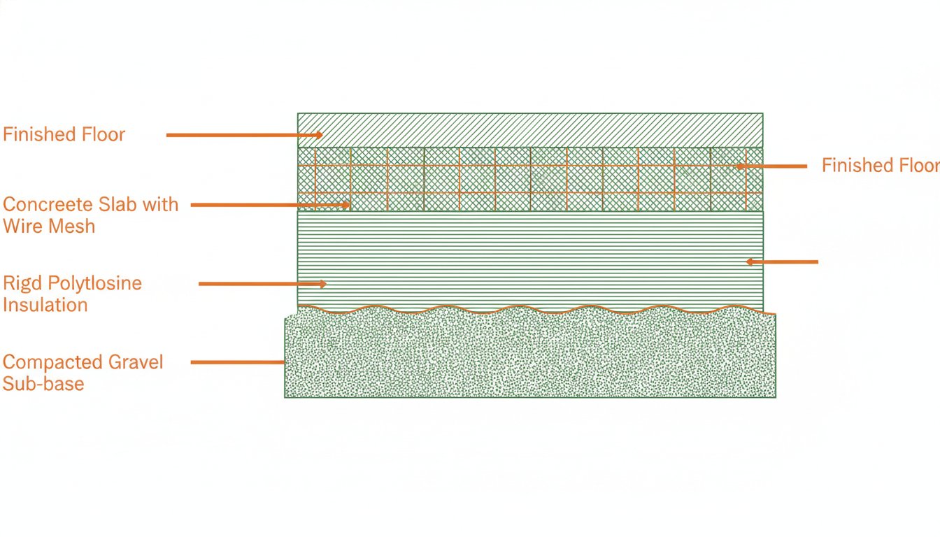 Isolant pour dalle béton - coupe verticale avec polystyrène sur sous-base de gravier