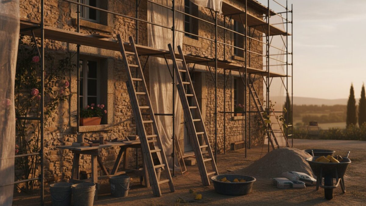 Renovation maison ancienne aide - facade maison en pierre en cours de renovation