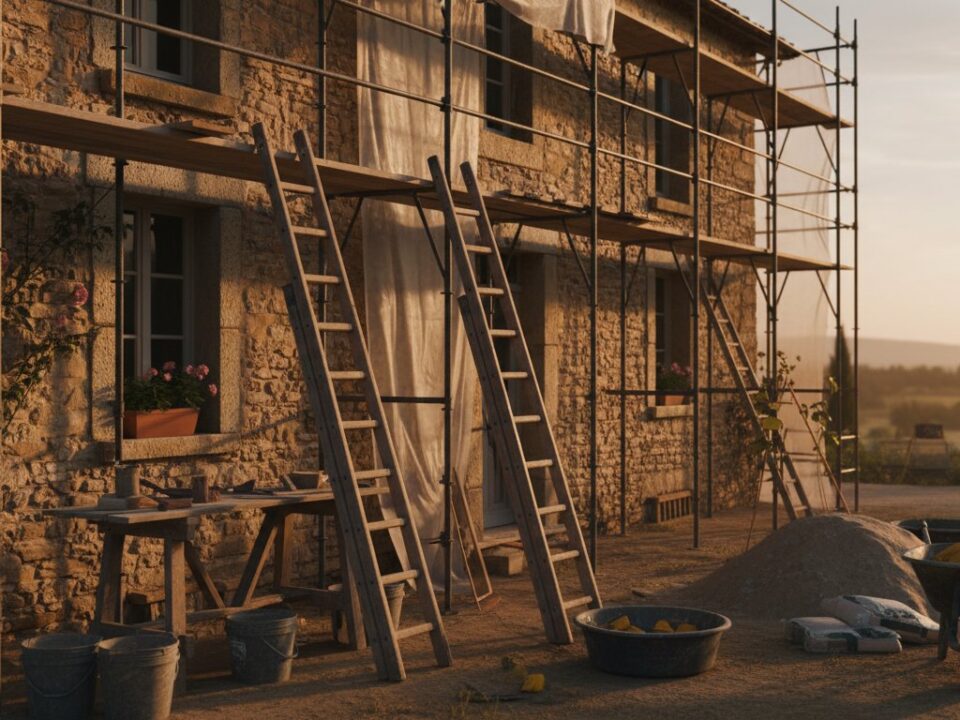 Renovation maison ancienne aide - facade maison en pierre en cours de renovation