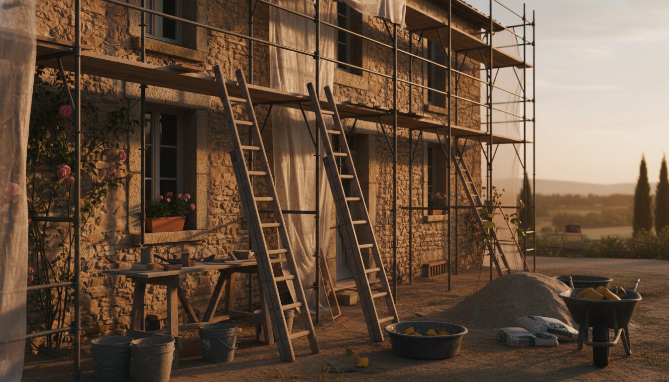 Renovation maison ancienne aide - facade maison en pierre en cours de renovation