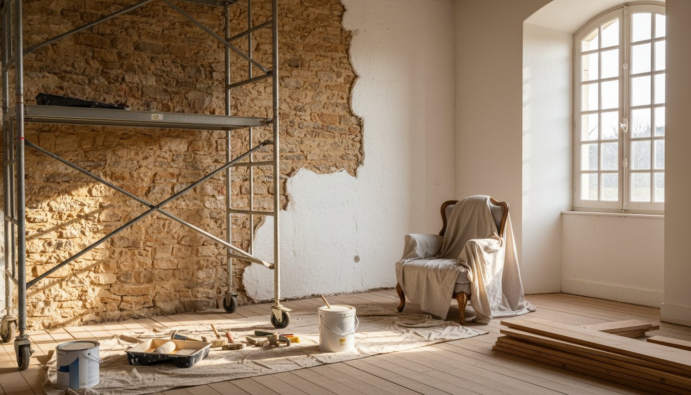 Renovation maison ancienne aide - interieur renove avec mur en pierre et finitions modernes