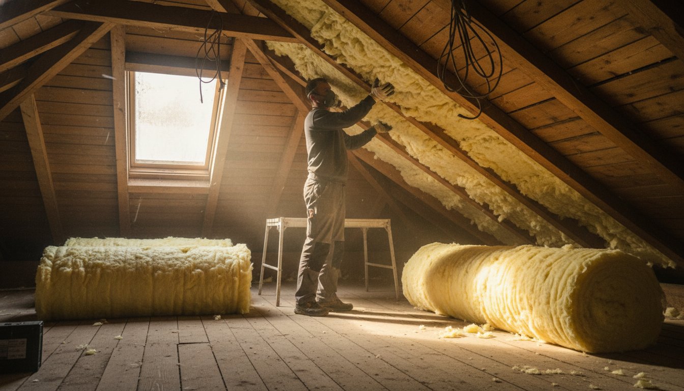Renovation maison ancienne aide - artisan posant une isolation thermique dans les combles