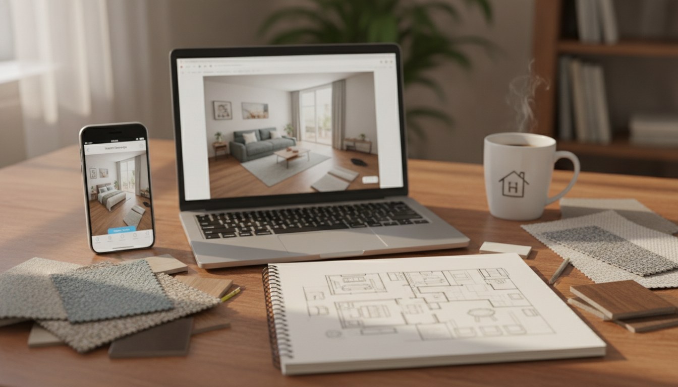 amenagement interieur logiciel - bureau avec ordinateur et application de plan 3D