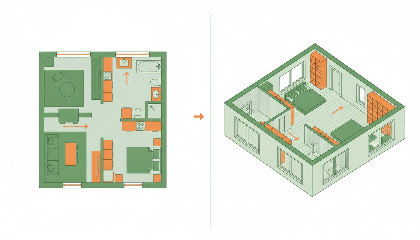amenagement interieur logiciel - schema du passage du plan 2D au rendu 3D