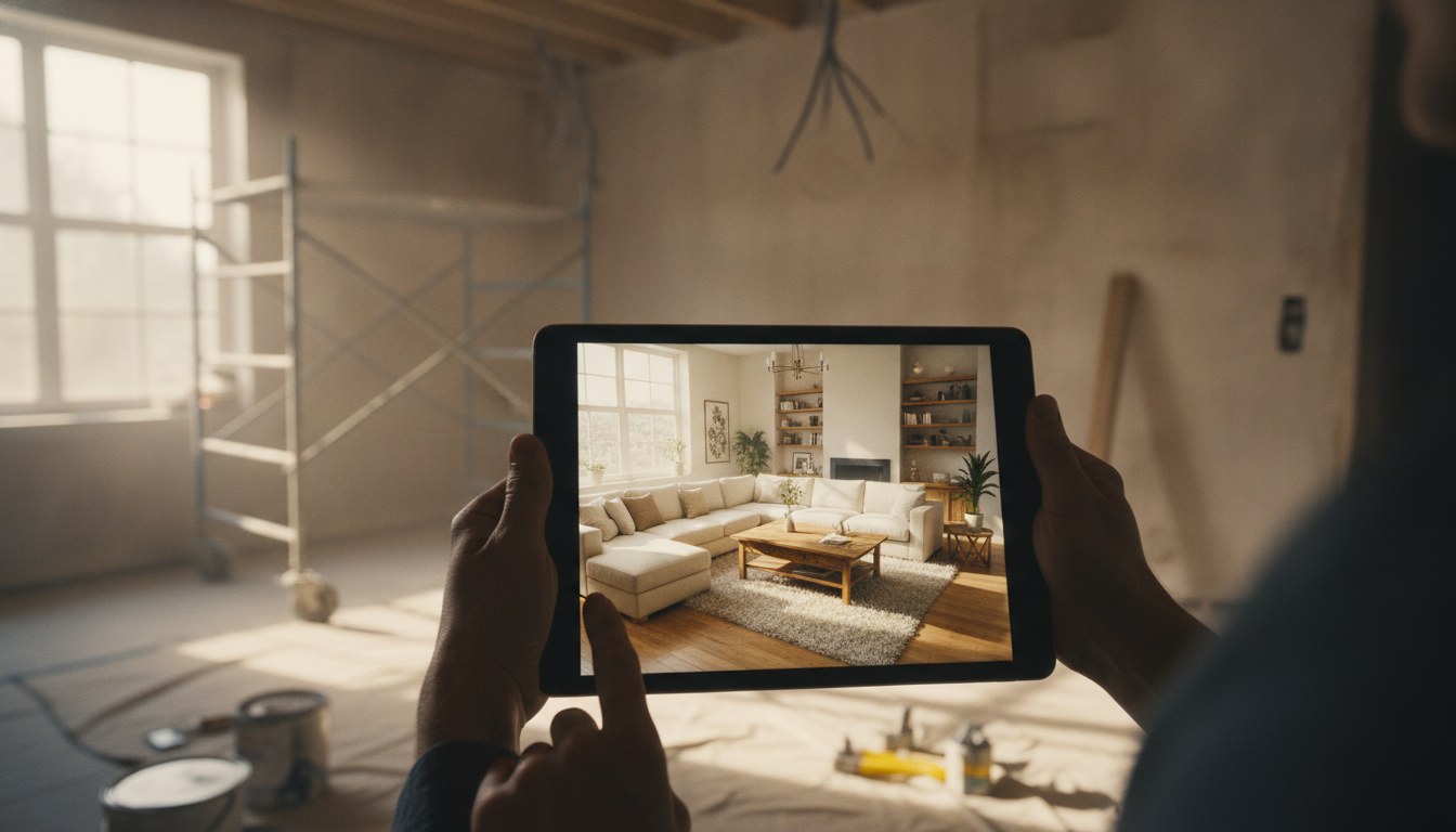 amenagement interieur logiciel - tablette affichant un rendu 3D de salon
