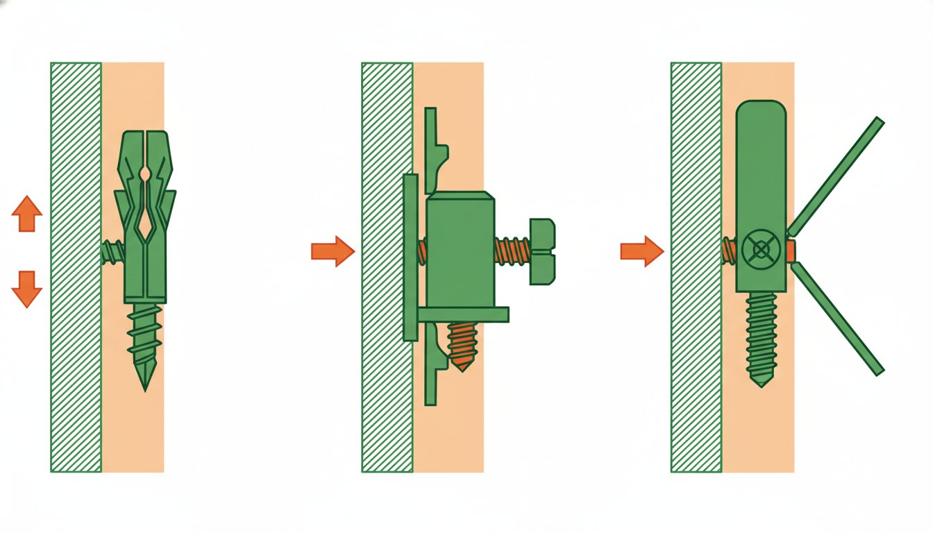 Cheville placo - comparaison des types autoforeuse, molly et à bascule en coupe