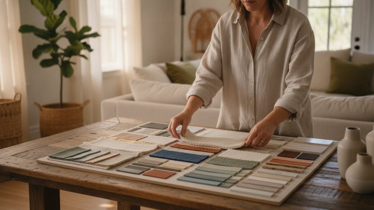 Decoration interieur metier - decorateur preparant un mood board avec echantillons