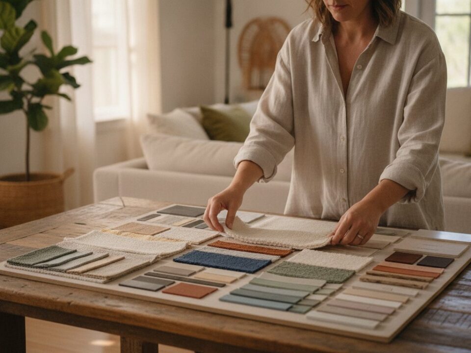 Decoration interieur metier - decorateur preparant un mood board avec echantillons