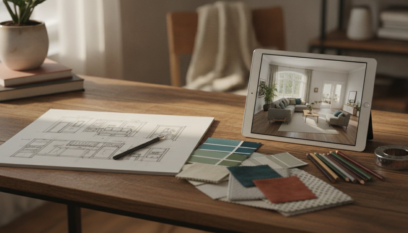 Decoration interieur metier - espace de travail du decorateur avec croquis et echantillons