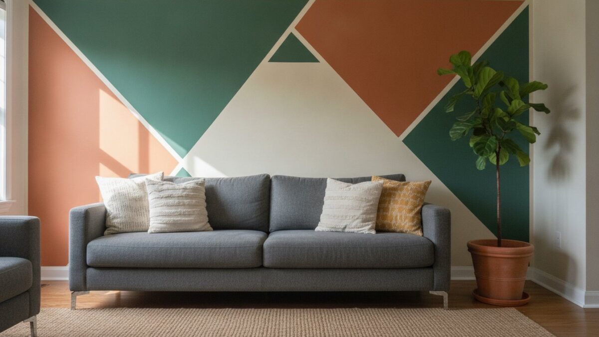 Graphique motif peinture mur - mur d'accent geometrique vert et terracotta