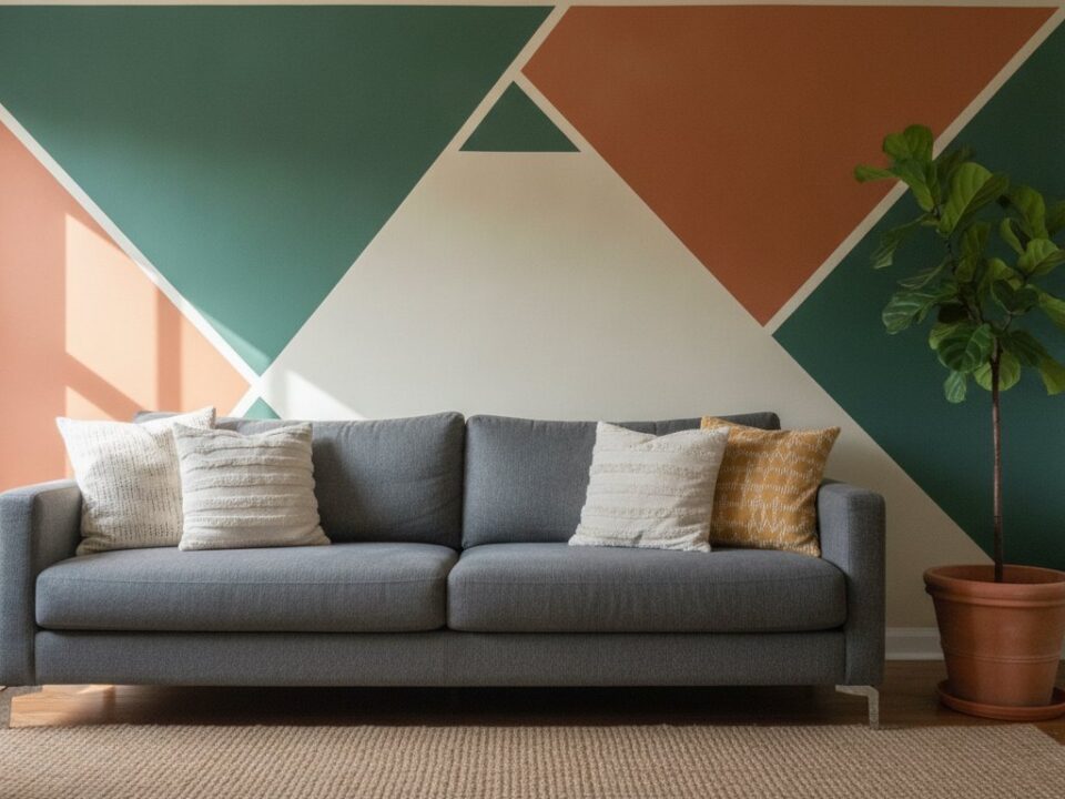 Graphique motif peinture mur - mur d'accent geometrique vert et terracotta