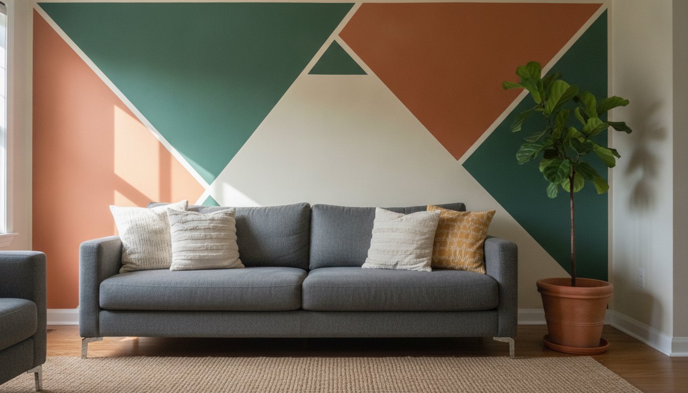 Graphique motif peinture mur - mur d'accent géométrique vert et terracotta dans un salon