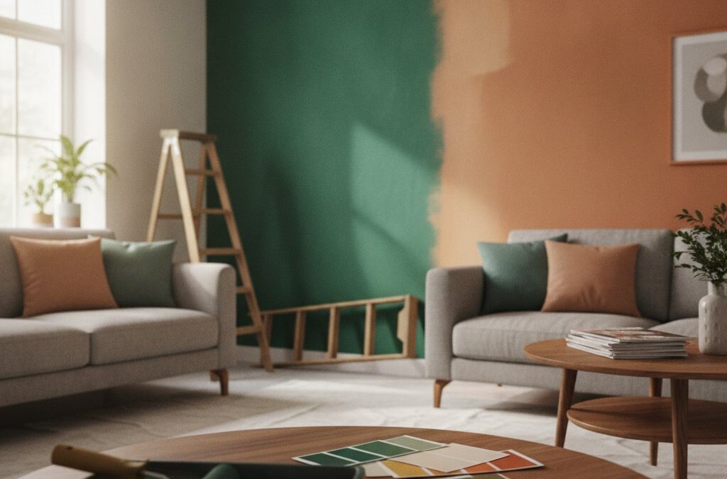 Idee peinture mur - mur d accent vert et terracotta dans un salon cosy