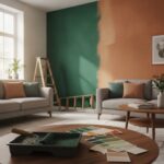 Idee peinture mur - mur d accent vert et terracotta dans un salon cosy