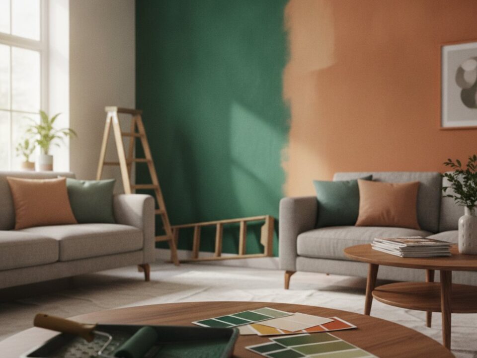 Idee peinture mur - mur d accent vert et terracotta dans un salon cosy